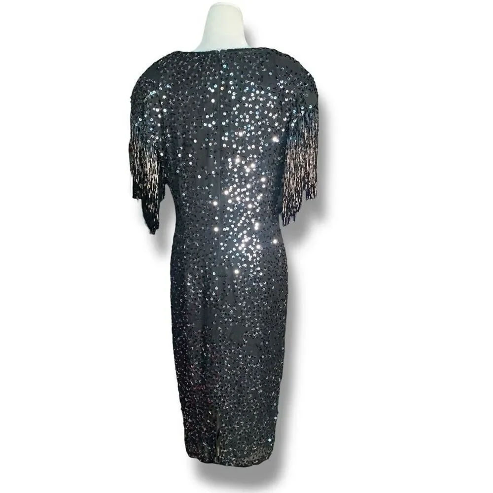 Vintage 80s Cocktail Dress Silk Black Metallic Sequin Fringe Hemmed Sleeve‎ 10